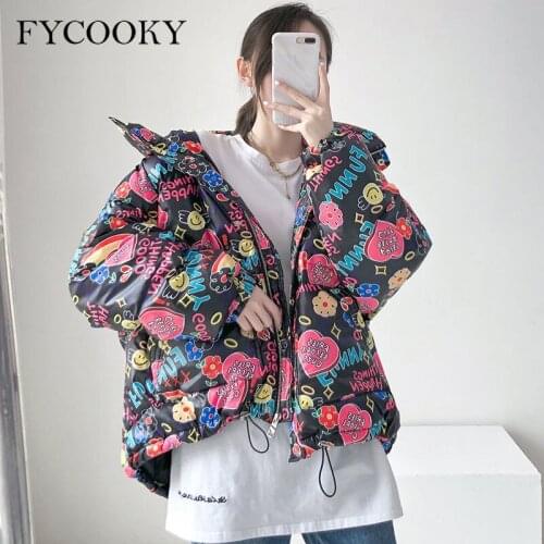 2021 Winter New Graffiti Down Jacket Women Fashion Warm Crop Parkas Coat Female Korean Loose Oversized Bubble Coats