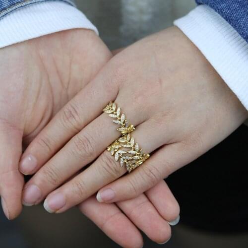 New Trendy Gold Color Leaves Band Women Rings Inlaid CZ Finger Ring For Women Girl Party Ring Daily Wearable Fashion Jewelry
