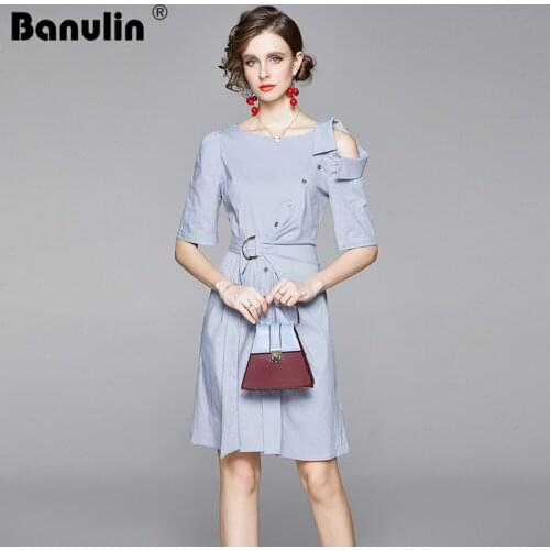 2020 Summer Runway Designer Blue Shirt Dress Womens Half Sleeve Single Breasted Solid Office Work Wear Short Dress with Belt