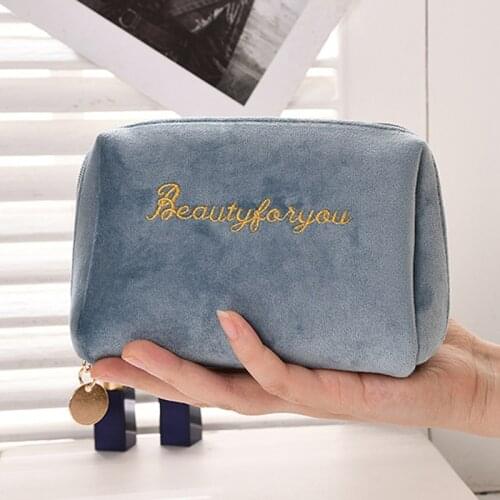 1 Pcs Women Zipper Velvet Make Up Bag Travel Large Cosmetic Bag For Makeup Solid Color Female Make Up Pouch Necessaries