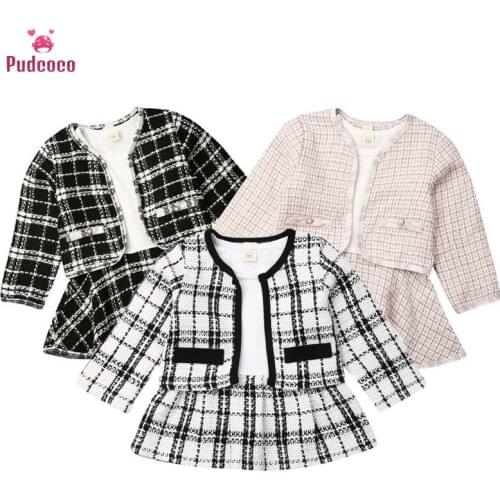 2019 Fall Winter 1-6Y Baby Girls Clothes Sets First Birthday Long Sleeve Plaid Coat Tops Dress 2Pcs Party Warm Bebe Outfit