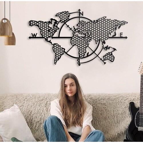 World Map Compass Metal Wall Decor Metal Wall Art Decor 3D Metal Sculpture Metal Wall Decor for Home Office Bedroom Living Room