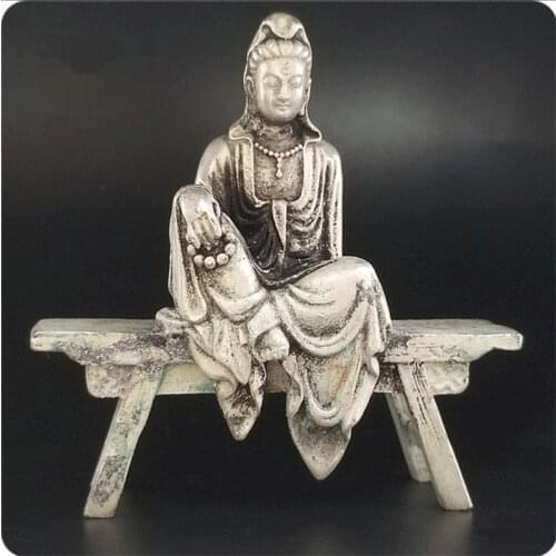 Chinese Silver-plated Guanyin Bodhisattva Sitting on A Stool Ping An