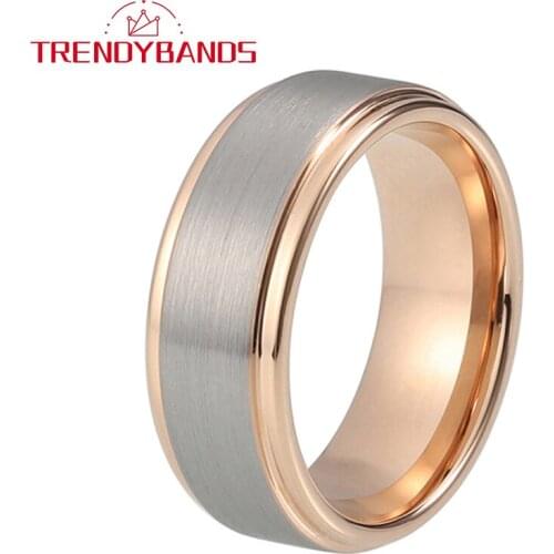 Tungsten Carbide Rings For Men Women Wedding Band 8MM Rose Gold Stepped Edges Brushed Finish Comfort Fit
