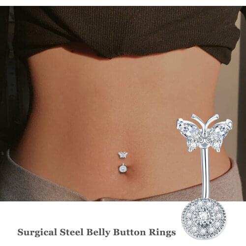 1PCS Crystal Belly Button Ring 14G Butterfly Belly Piercing Long Dangle Flower Navel Piercing Sexy Navel Bar Cute Belly Ring