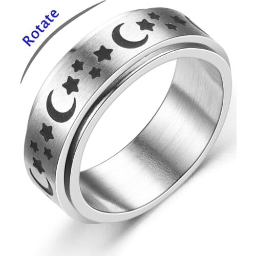 AsJerlya 1 Pcs Star Moon Flower Spinner Ring Men Stainless Steel For Women Mens Rotatable Ring Male Jewelry Gift