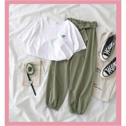 Summer Heart Print Female Tracksuits Fashion Clothes Casual White Black Tops And Pant 2 Piece Sets Women Girls Sweet Sportswear