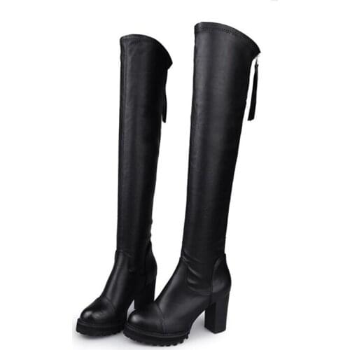 Cowboy Boot Fashion Sexy Leather Over Knee Boots Women Balck Toe Elastic Stretch Thick Heel Boots Thigh High Platform Boots New