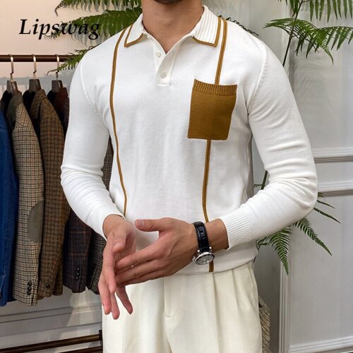Male Autumn Long Sleeve Polo Shirt Casual Business Style Retro Patchwork Polo Shirts Fashion Men Turn-down Collar Pullover Tops