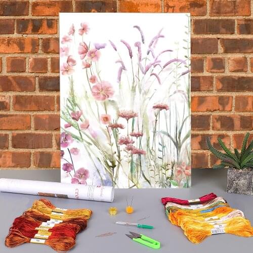 Flower Pink Grey Floral Nordic Printed 11CT Cross-Stitch Full Kit DIY Embroidery DMC Threads Handiwork Needlework Mulina