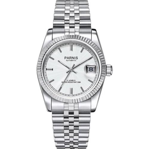 New Parnis 36MM Silver Dial Men watch Luxury Brand Automatic Women Elegant Diamond Stainless Bracelet Mechanical Watches PA2112