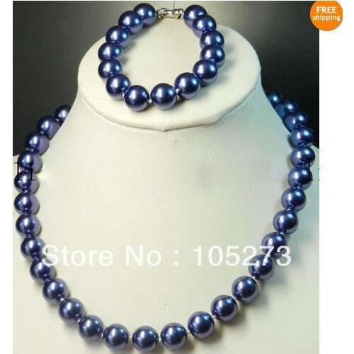 New Arriver Shell Jewelry Blue Shell Pearl 12mm Round Beads Necklace Bracelet Jewelry Set Wholesale New Free Shipping