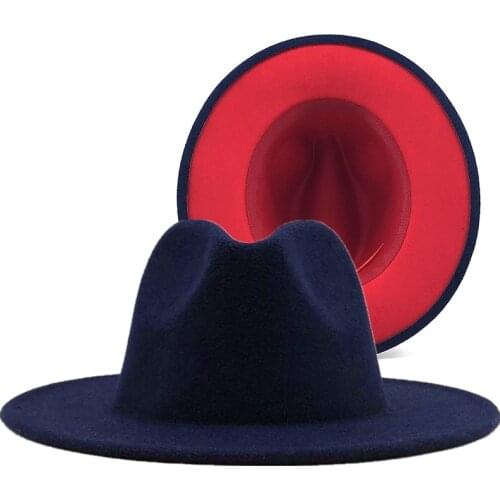 New Navy With Red Bottom Patchwork Panama Wool Felt Jazz Fedora Hats Women Men Wide Brim Party Cowboy Trilby Gambler Hat