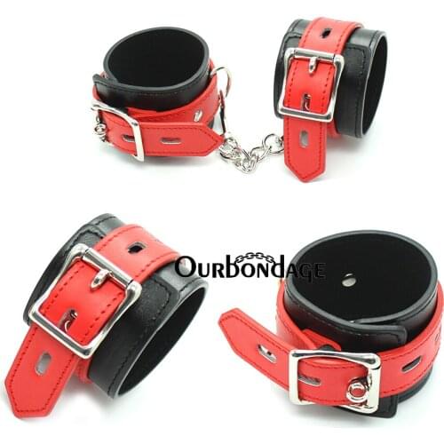 Ourbondage Adjustable PU Leather Black Handcuffs Ankle Cuffs Red Strap Restraints Harness BDSM Bondage Sex Toy