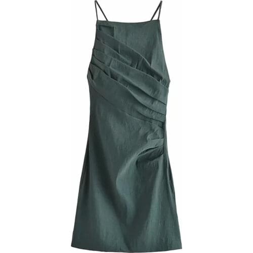 TRAF Za 2021 Ruched Dress Women Green Slip Dress Woman Summer Short Dresses Ladies Sexy Sleeveless Strap Mini Backless Sundress