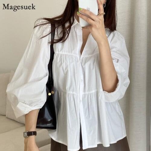 Chic Loose Puff Long Sleeve Shirt Women Turn-down Collar Pleated White Blouses Woman Casual Button Plus Size Shirts Tops 15486