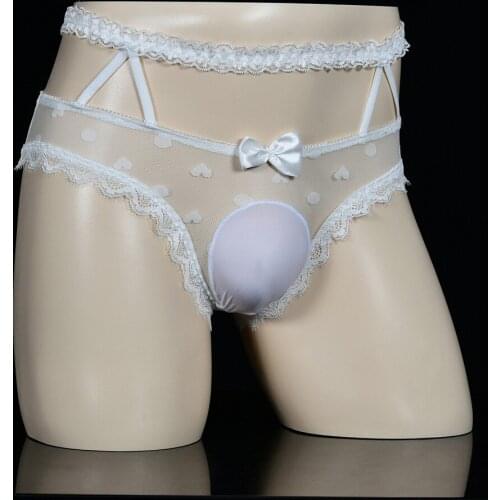 Mens Sissy Bow Lace G String Erotic Lingerie Transparent Lace Thong Gay Underwear Ball Pouch Brief Man See-through Panties