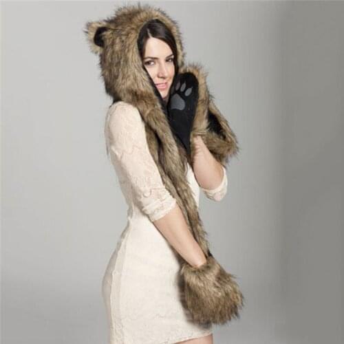 Warm Winter Hats For Women Animal Wolf Tiger Hood Scarf Hat GloveS Set Ladies Girls Caps Faux Fur Winter Hat Christmas Gifts 017