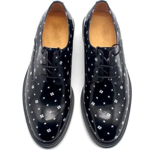 Print Wave point Cow leather Derby Shoes Flat heel Lace Formal Business Shoes Men Handmade Shoe