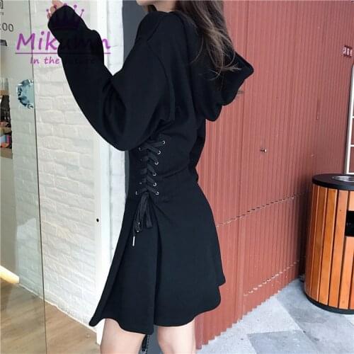 2020 Spring Women Lace-up Slim Waist Black Gothic Dress Long Sleeve Female Hooded Dress Harajuku Streetwear Vestidos