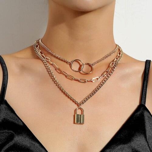 Vintage Punk Geometric Thick Chain Alloy Lock Pendant Necklace for Women Multilayer Chains Clavicle Necklace Colar Jewelry Gift