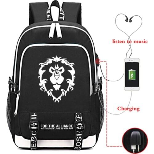 Top Quality World of Warcraft Mochila Fashion USB Charging Backpack Beautiful Men Women Students Back to College Rucksack