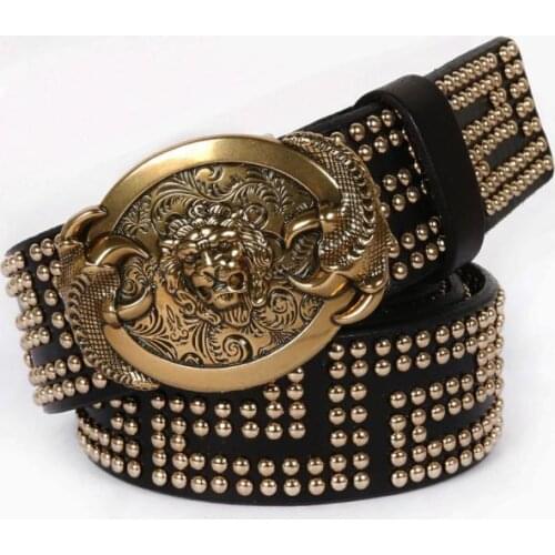 YR!Free shipping.men punk high quality cowhide belt.brand new genuine leather Smooth buckle belt.heavy rivet