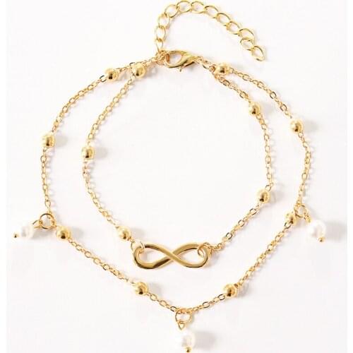 White Simulated Pearl Pendant Double Chains "8" Joint Silver Plated Golden Anklets for Women