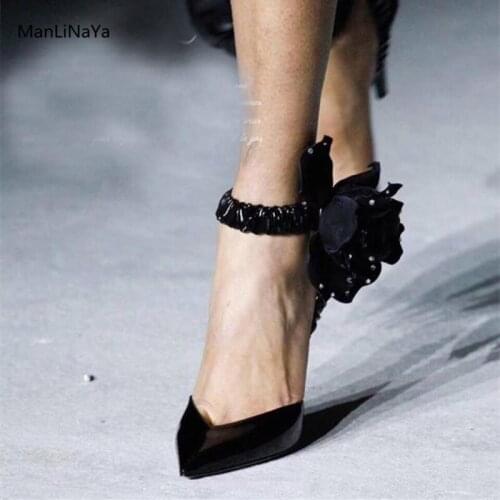 New Spike Heels Flower Patent Leather Women Pumps V Shape Pointed Toe Women Party Shoes Elastic Band Runway Crystal Female Pumps