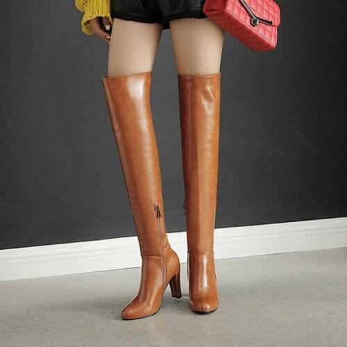 2021 Yellow Black Red Women Over the Knee Boots Thick Heels Round Toe Ladies Winter Boots Faux Leather Zipper Boots High Heels