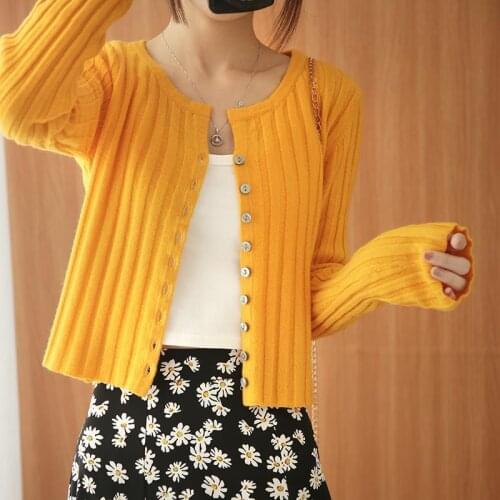 Autumn Winter New Knitwear Womens Fashion Ribbed Single breasted Cardigan Slim Crop Top Long Sleeve Thin Knitted Outwear Female