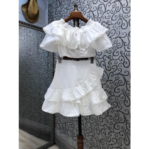 Crop Sets 2021 Summer Fashion Skirt Suits High Quality Women Ruffle Deco Crop Tops+High Waist Mini Skirt Sets Casual Beach Suits
