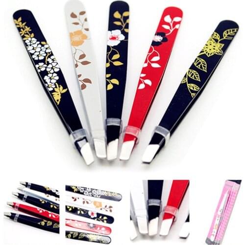 1pc Eyebrow Tweezer Flower Printed Stainless Steel Eyebrow Tweezer Slant Tip Hair Removal Makeup Tool