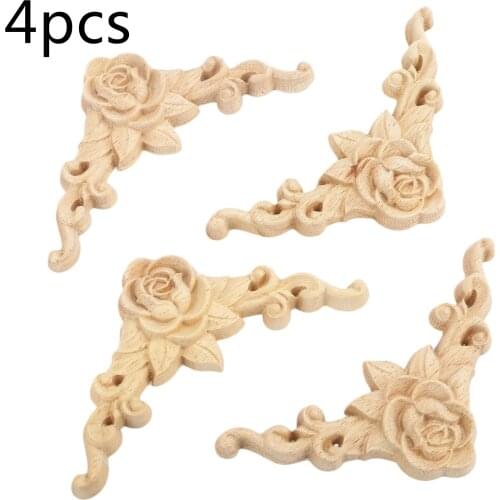4pcs Woodcarving Corner Decal Unpainted Wood Decal Corner Onlay Applique Frame Home European 3D Rose Decor Home Furniture 8*8cm