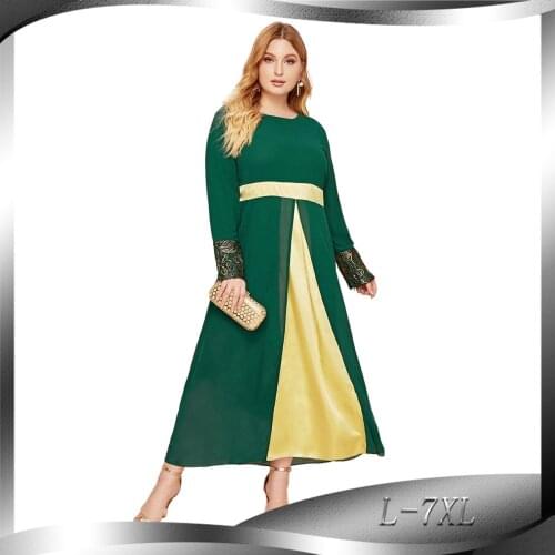BianFeng Womens Hui Muslim Abaya Hijab Dress Fashion Chiffon Satin Robe Stitching Long-Sleeved Plus Size Sloid Dress