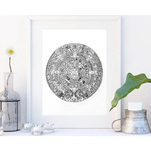 Aztec Print Aztec Calendar Poster Art Canvas Painting Mexican Black and White Wall Art Picture Ancient Tribal Wall Decoration