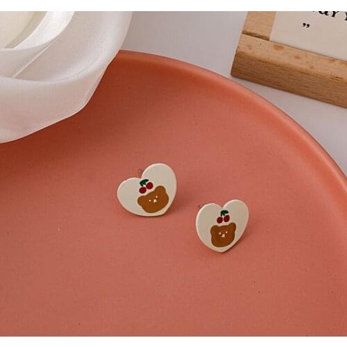 Cute Lovely Bear Cherry Love Earrings Simple Vintage Elegant Girl Student Ears Jewelry Good Gift 2021 New Summer