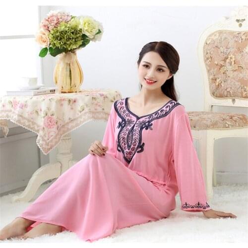 Home service ladies nightdress pink spring and autumn womens plus size cotton embroidery Korean nightdress pregnant women skirt