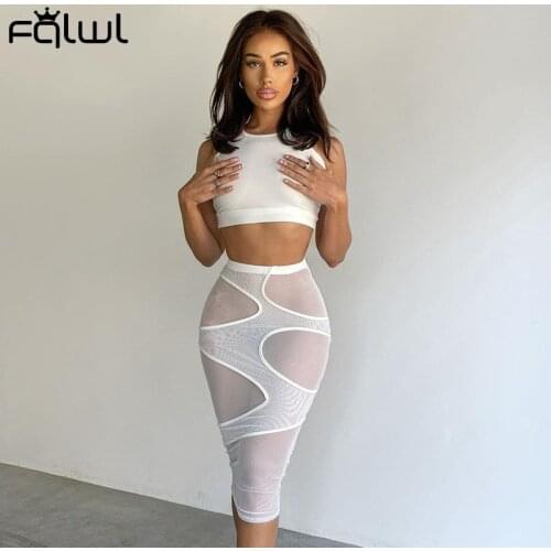FQLWL Summer Sexy White Skirts Women 2021 Solid Hollow Out Skirts Female Mesh See Through Bodycon Clubwear Design Midi Skirts