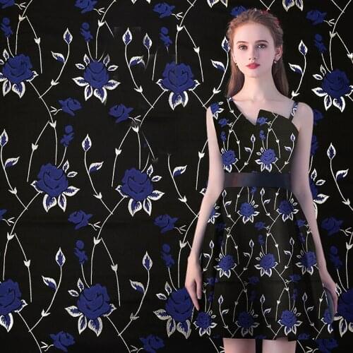 HLQON imported gold line top grade yarn dyed brocade jacquard blue fabric for dress women clothing tissue patchwork