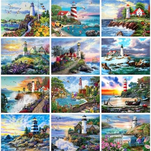 HUACAN 5d Diamond Painting Full Drill Square Landscape Seaside Diamond Embroidery Cross Stitch Lighthouse Mosaic Decortion