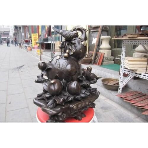 Exquisite Bronze Art statuary peach pied magpie gourd blessing longevity health 8.02