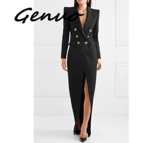 Suit Dress For Women 2019 Autumn Turn-Down Collar Office Lady Dress Sexy Double-breasted Commute Floor Length Dress