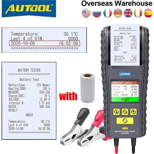 AUTOOL BT860 Car Battery Tester 12V 24V with Printer & Real Time Temperature Monitoring Battery Tester Tool Multi-language