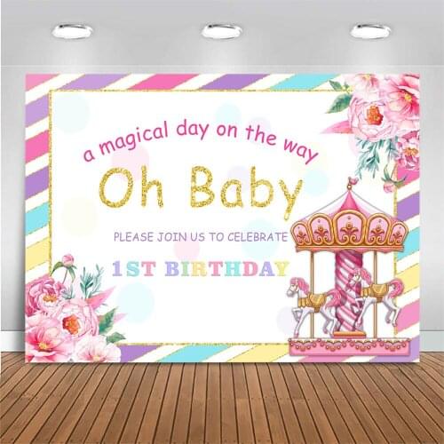 Mocsicka Baby 1st Birthday Photography Backdrop Pink Carousel Flower Oh Baby Kid Birthday Party Decoration Photoshoot Background