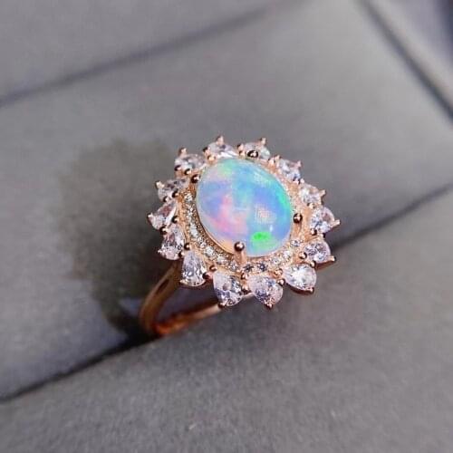 Fashion grace round Sun flower Natural gem stone Ring 7*9mm Natural Multicolor opal ring S925 silver womens girl party Jewelry