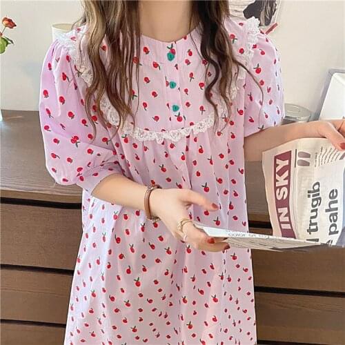 Puff Sleeve Nightgown Strawberry Kawaii Buttons Korean Soft Homewear Cotton Home Clothes Lace Patchwork Sleepwear Sweet