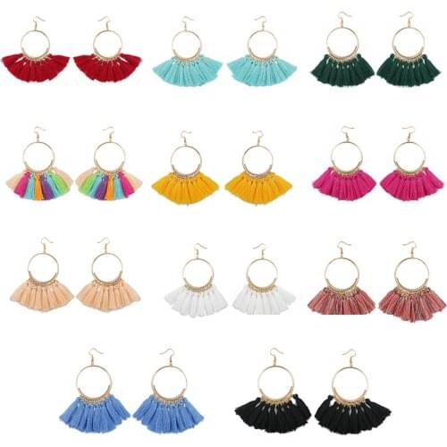 2020 New Female Red Black Circle Long Silk Tassel Earring Boho Antique Gold Ethnic Jewelry Long Earrings For Women Wholesale