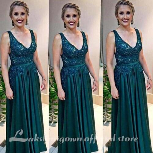 Hunter Green V Neck Mother Of The Bride Dresses Appliques Crystals Beading Arabic Formal Evening Gown Plus Size Prom Dress