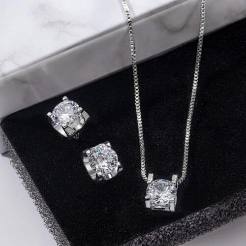 Luxury Simulation Sterling Silver Diamond Necklace & Earrings Womens Noble Pendant Necklace & Stud Earrings Jewelry Sets Gifts
